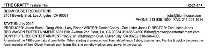 The Craft, Production Weekly, Blumhouse