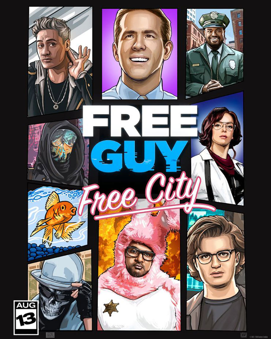 Free Guy, Ryan Reynolds, posters, comedy, parody