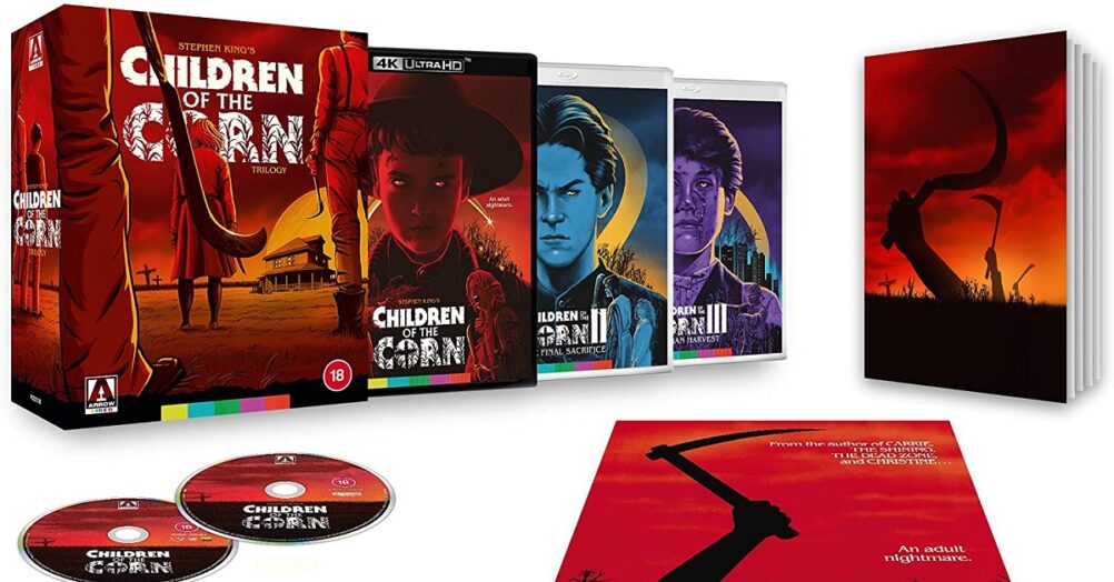 Arrow Video's Children of the Corn trilogy box set contains Children of the Corn on 4K UHD and Blu-ray, plus the first 2 sequels on Blu-ray