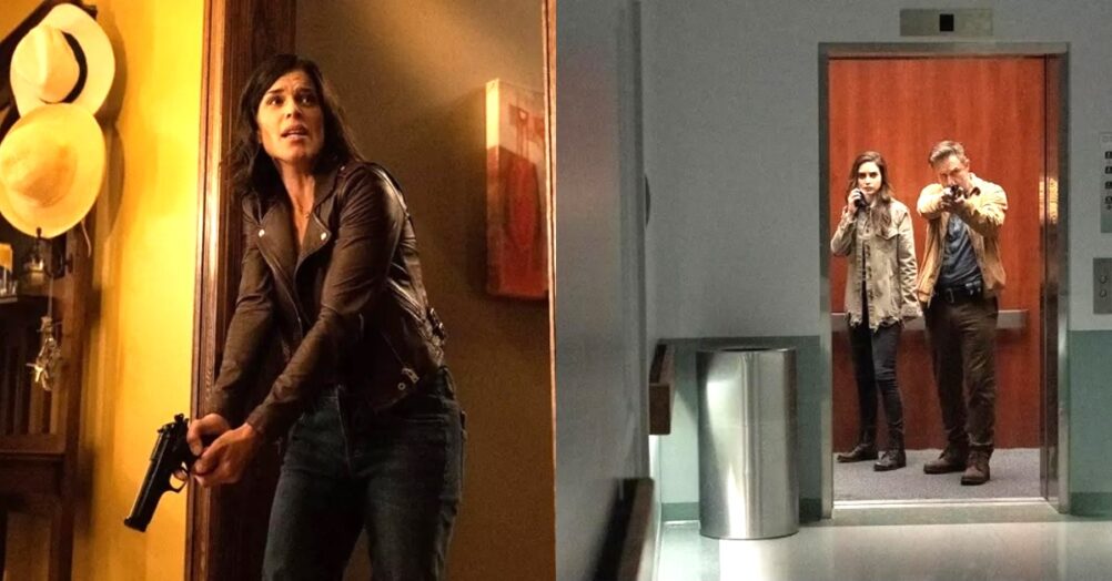 Neve Campbell, David Arquette, Melissa Barrera, Ghostface, and an unlucky victim are featured in images from the new Scream movie.