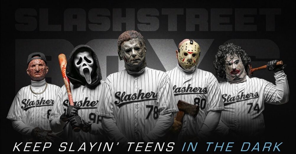 The slasher boy band Slashstreet Boys is back with a new single, "Keep Slayin' Teens in the Dark". Created by The Merkins.