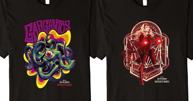 Doctor Strange in the Multiverse of Madness tie-in clothing features some cool art. Scarlet Witch, America Chavez, Gargantos, Wong