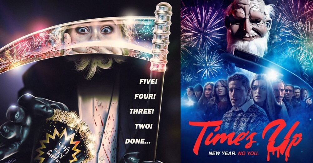 Hannah Fierman, Damian Maffei, and Felissa Rose face a slasher called Father Time in L.C. Holt's New Year's Eve horror movie Time's Up.