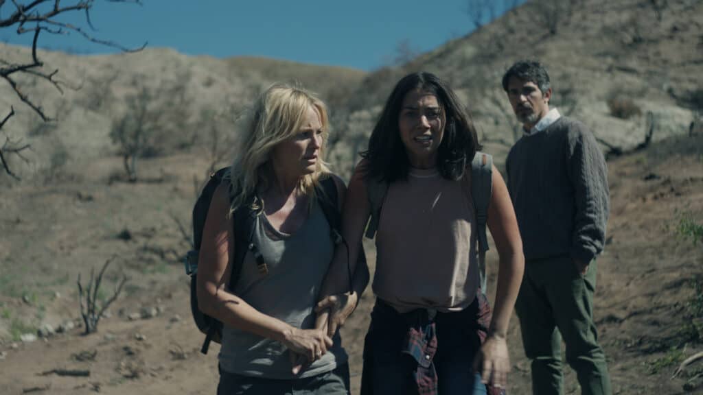 Malin Akerman tries to comfort Lorenza Izzo as Chris Messina looks on in The Aviary.