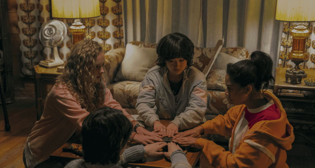(l-r) Amiah Miller, Elsie Fisher, Cathy Ang, and Rachel Ogechi Kanu in My Best Friend's Exorcism (2022).