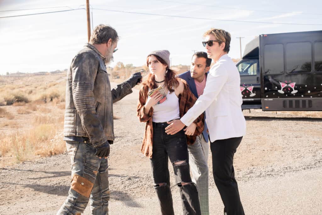 (L-R) Thomas Jane as Elliot Jones, Kara Hayward as Flynn Chambers, Ash T as David Dean, and Jack Donnelly as Jack Chambers in the comedy/action/horror,SLAYERS, The Avenue release. Photo courtesy of The Avenue