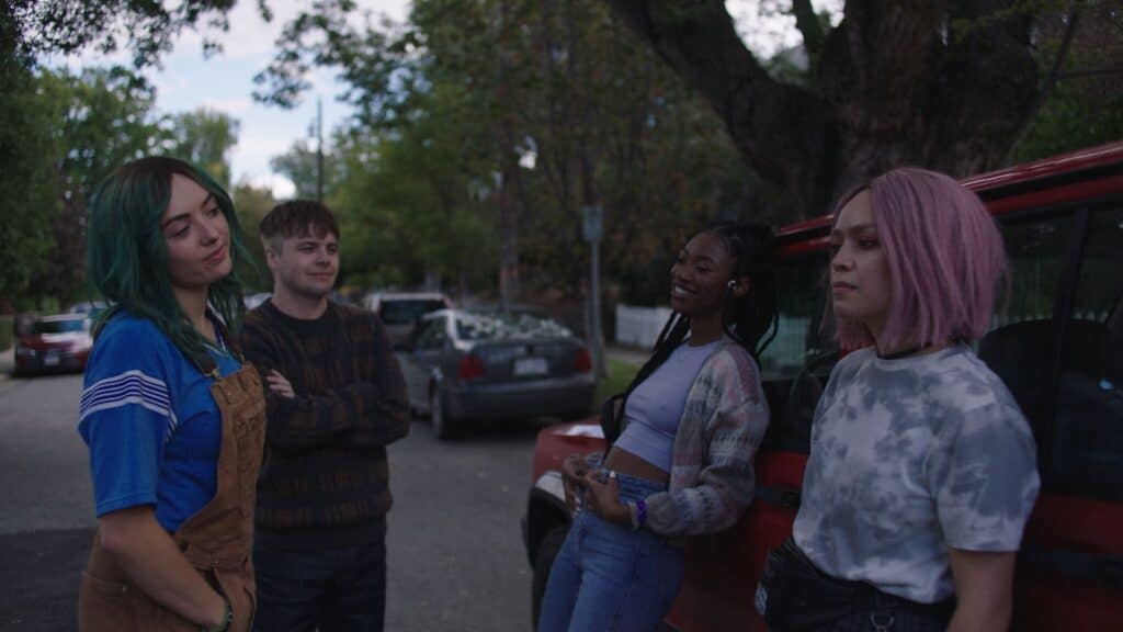 (L-R) Peyton List as Zooza (Susan) Heize,Brendan Meyer as Rob Plattier, Kelcey Mawema as Courtney and Kaitlyn Santa Juana as Cotton Allen in the thriller / horror film,THE FRIENDSHIP GAME, an RLJE Films release. Photo courtesy of RLJE Films.