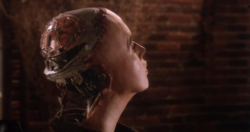 Cyborg woman with her mechanical head exposed