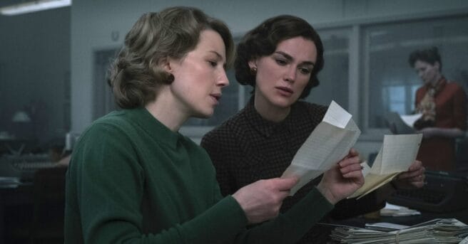 First look images from the Ridley Scott-produced Boston Strangler movie feature Keira Knightley and Carrie Coon.