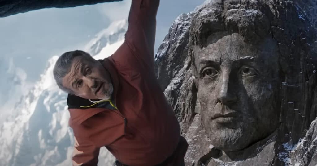 Sylvester Stallone channels his inner Cliffhanger to scale a Mountain of Entertainment for a Paramount+ Super Bowl Ad