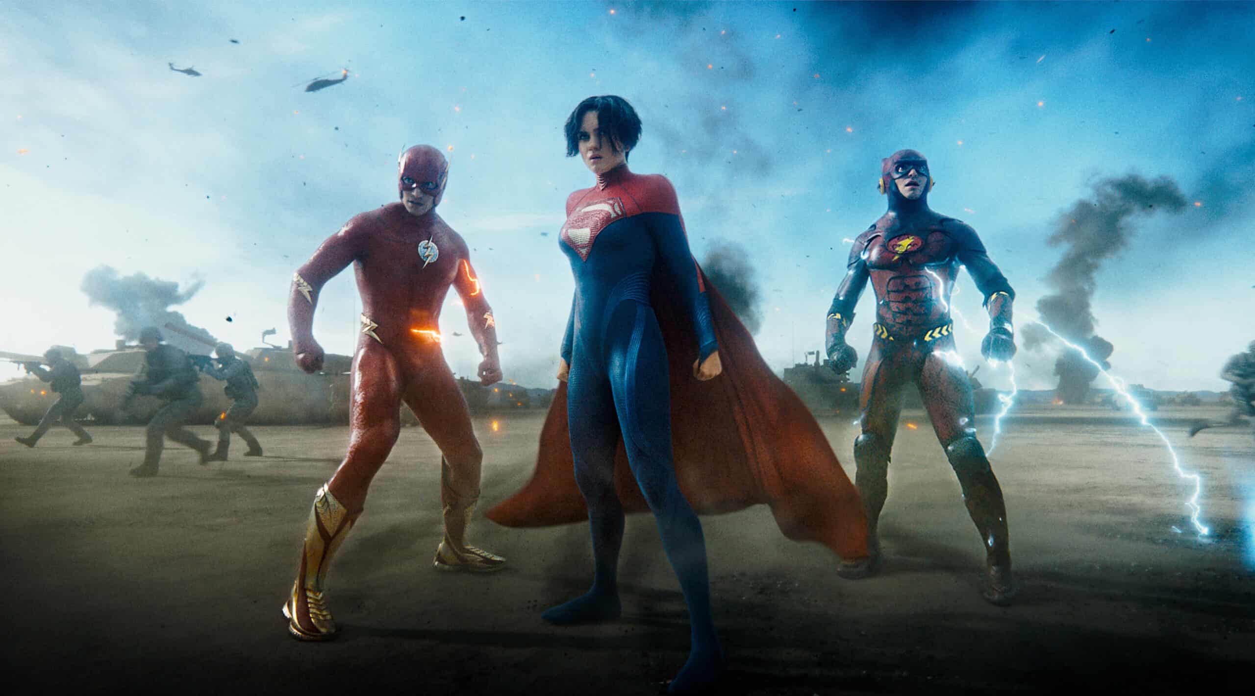 (L-R) EZRA MILLER as Barry Allen/The Flash, SASHA CALLE as Kara Zor-El/Supergirl and EZRA MILLER as Barry Allen/The Flash in Warner Bros. Pictures’ action adventure “THE FLASH,” a Warner Bros. Pictures release. Courtesy of Warner Bros. Pictures/™ & © DC Comics