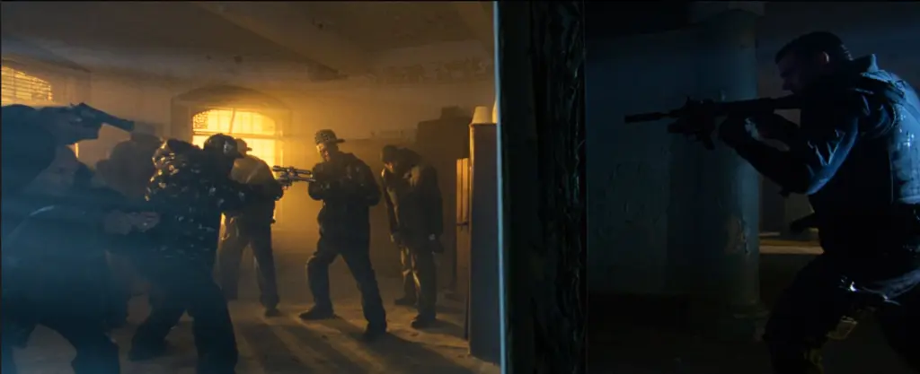 The Punisher and a group of henchmen pointing guns at each other on opposite sides of a wall.