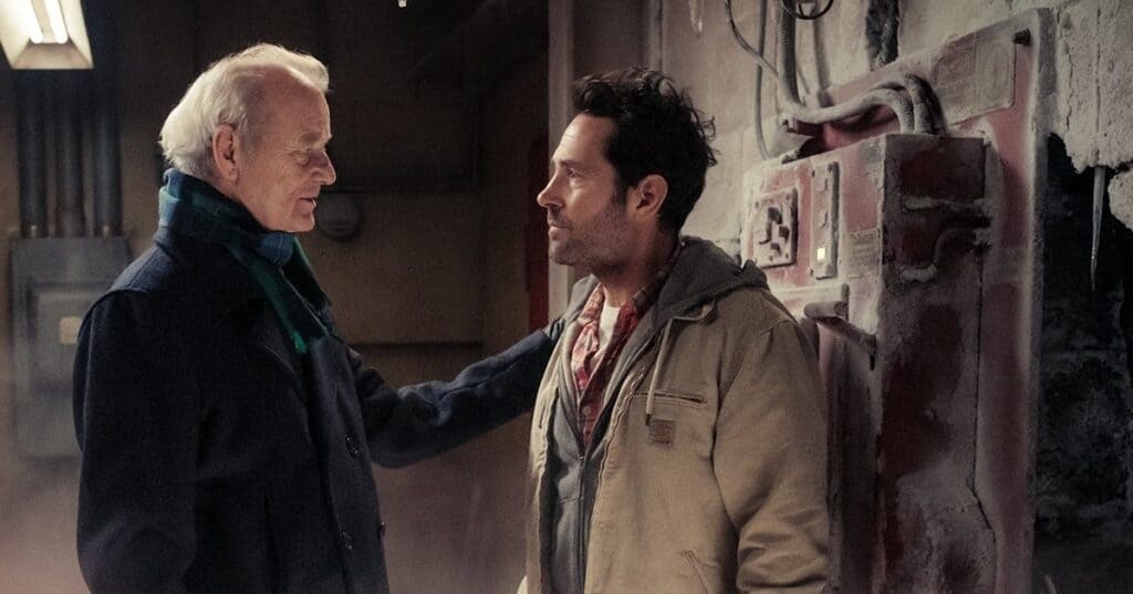 An image from Ghostbusters: Frozen Empire shows Bill Murray and Paul Rudd in a familiar part of the firehouse set