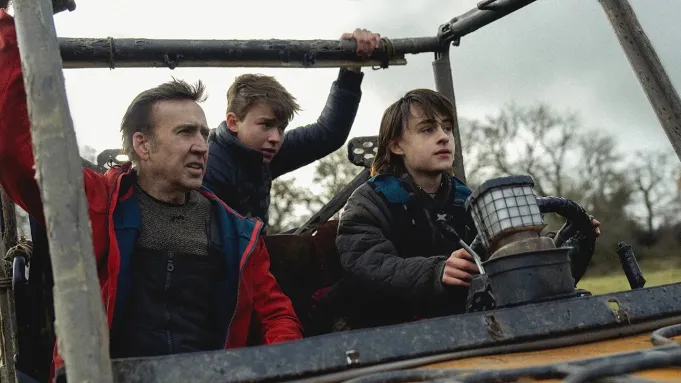Nic Cage, Maxwell Jenkins, and Jaeden Martell in Arcadian (2024).