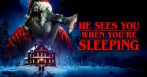 Caroline Williams, Lauren-Marie Taylor, and Nicholas Vince star in the 80s-set Christmas slasher He Sees You When You're Sleeping