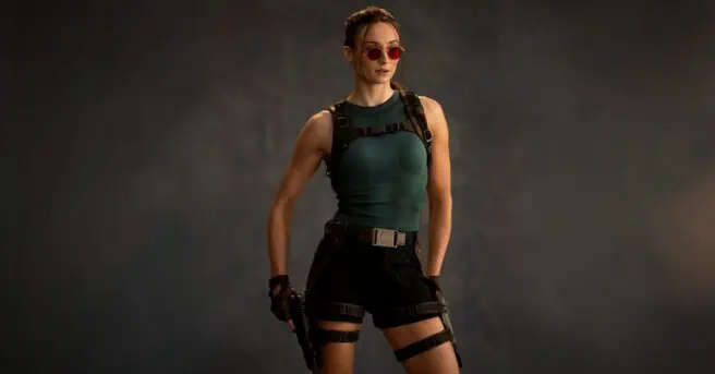 Video and images from the set of the Tomb Raider TV series show Sophie Turner as Lara Croft, with guns blazing