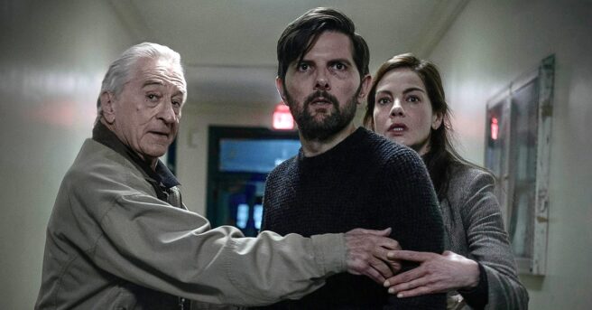 Images show Michelle Monaghan, Adam Scott, and Robert De Niro in the Netflix serial killer thriller The Whisper Man