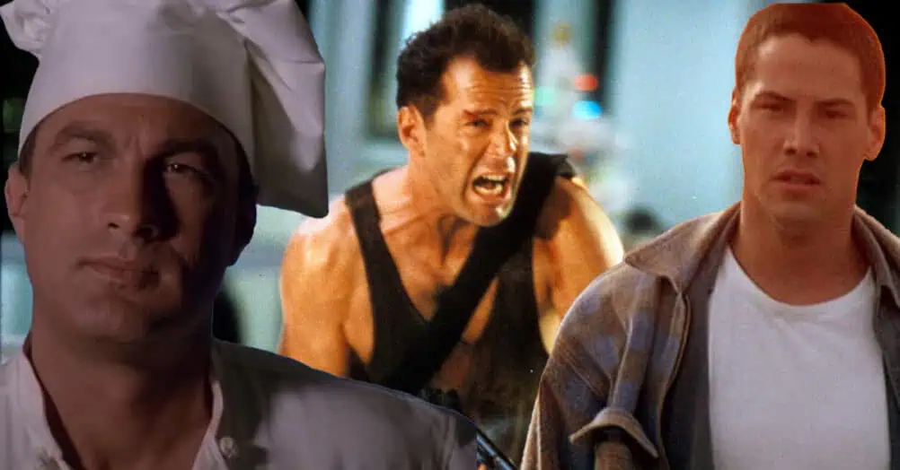 Steven Seagal in Under Siege, Bruce Willis in Die Hard, and Keanu Reeves in Speed representing 90s action movie clones.