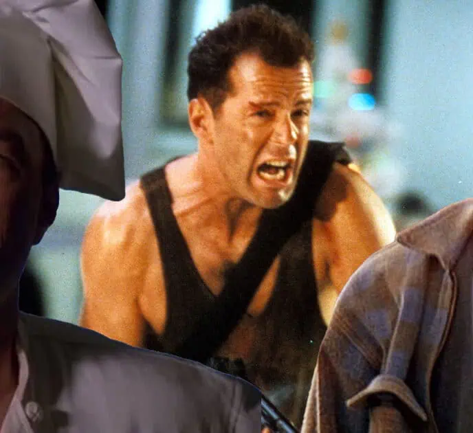 Steven Seagal in Under Siege, Bruce Willis in Die Hard, and Keanu Reeves in Speed representing 90s action movie clones.