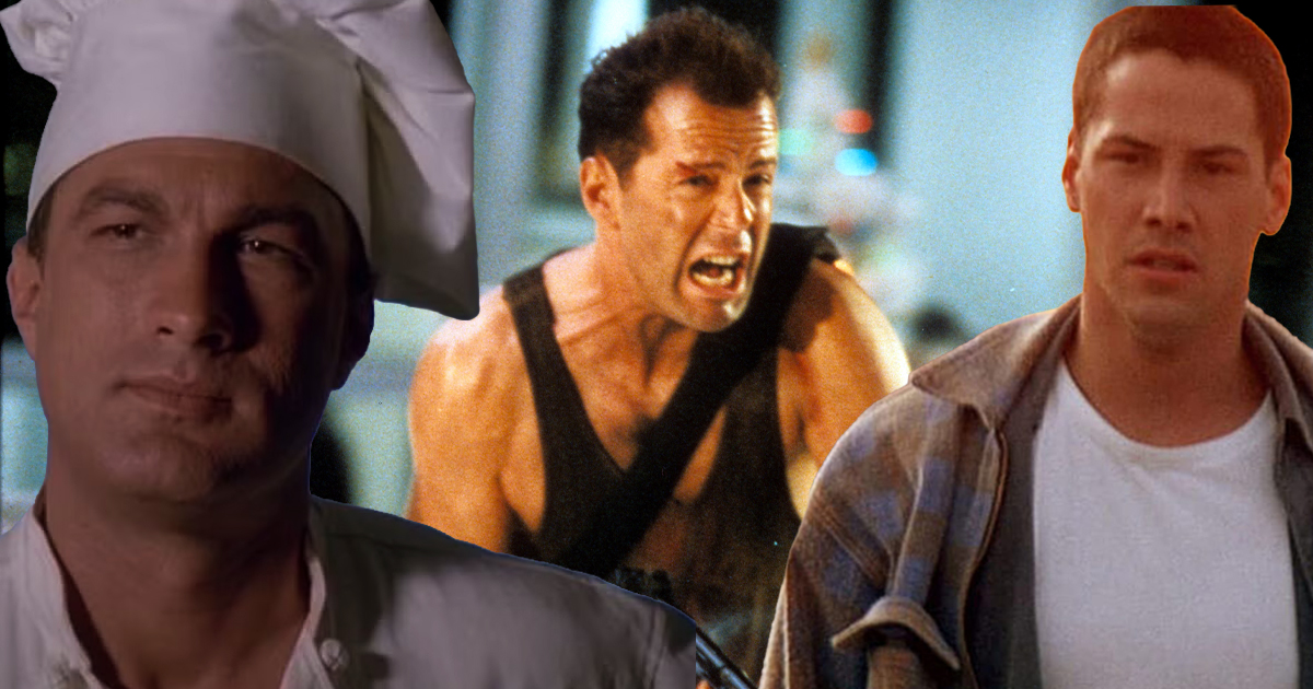 Steven Seagal in Under Siege, Bruce Willis in Die Hard, and Keanu Reeves in Speed representing 90s action movie clones.