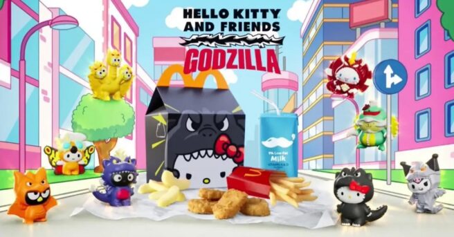 McDonald’s Hello Kitty x Godzilla Happy Meal is here, featuring eight adorable toys that mash up Sanrio characters with classic kaiju